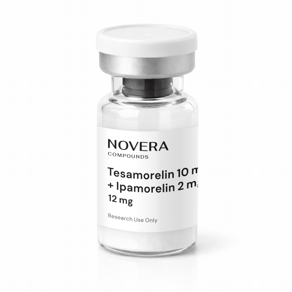 A clear vial with a white cap labeled “Novera Compounds” contains 2X Blend: Tesamorelin 10mg + Ipamorelin 2mg, for a total of 12mg. The label indicates “Research Use Only.”.
