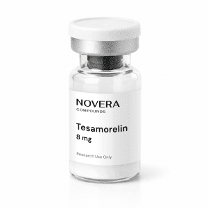 A clear glass vial labeled “Tesamorelin 8mg Research Use Only” with a silver cap, containing white powder.