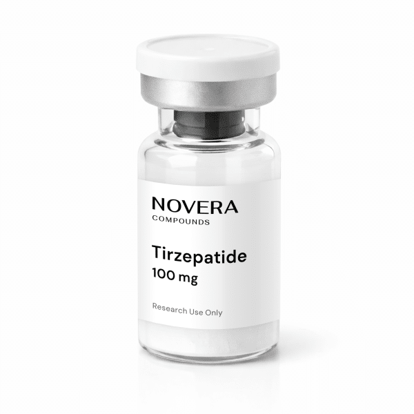 A vial labeled “Novera Compounds Tirzepatide 100 mg. Research Use Only” is shown against a white background.