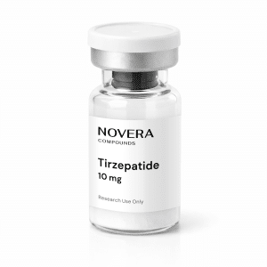 A clear vial labeled “NOVERA COMPOUNDS Tirzepatide 10 mg Research Use Only” with a silver cap, containing a white powder.