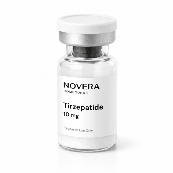 A clear vial labeled “NOVERA COMPOUNDS Tirzepatide 10 mg Research Use Only” with a silver cap, containing a white powder.