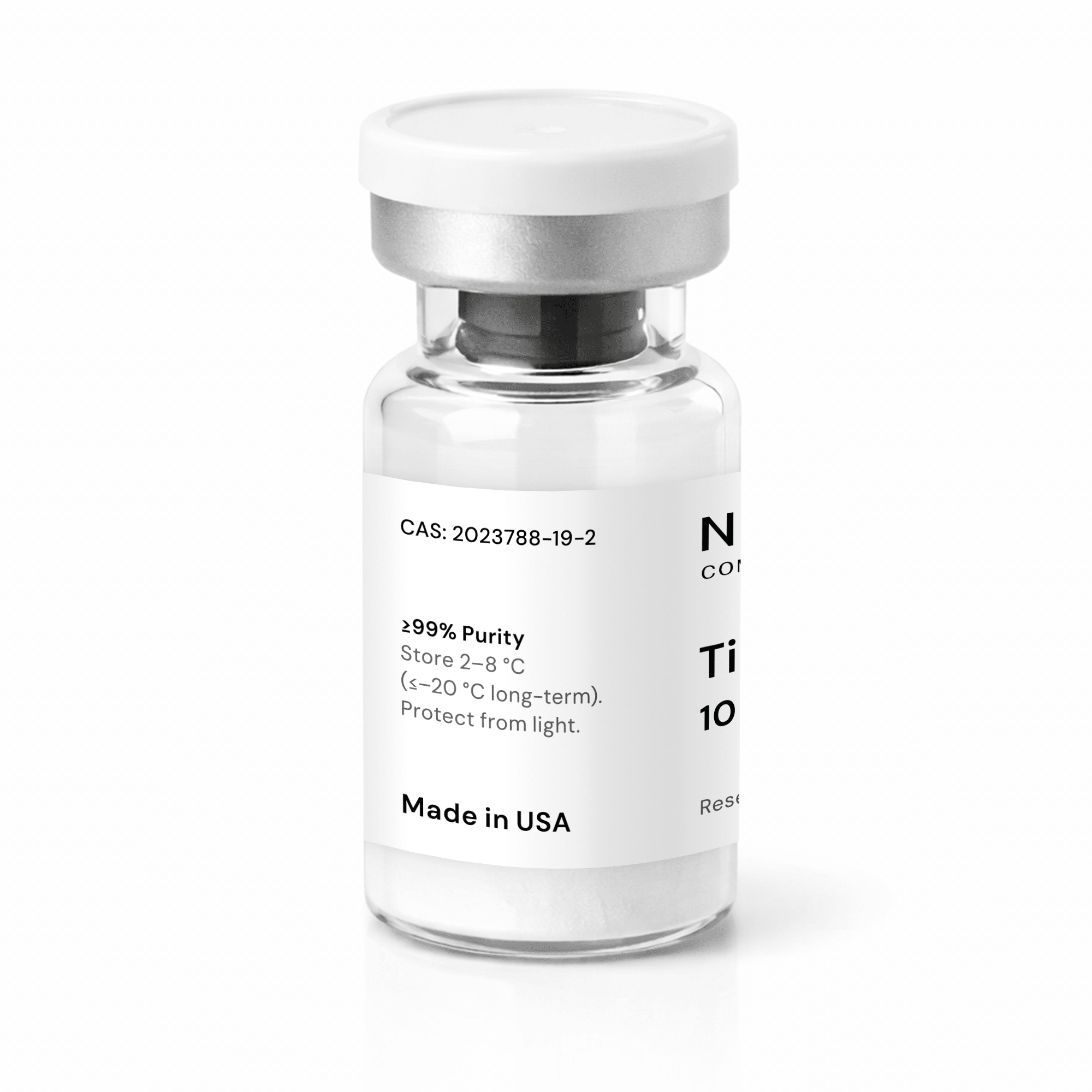 A clear glass vial with a white label and cap, containing a white powder. The label reads “≥99%
