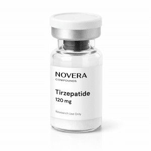 A clear vial labeled “Novera Compounds Tirzepatide 120 mg. Research Use Only” with a white and silver cap, standing upright on a white background.