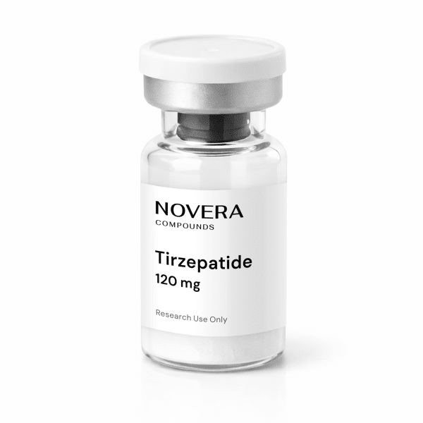 A clear vial labeled “Novera Compounds Tirzepatide 120 mg. Research Use Only” with a white and silver cap, standing upright on a white background.