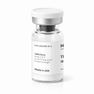 Clear vial with white powder, labeled with information including purity, storage instructions, and “Made in USA.” The text includes “CAS: 2023788-19-2” and storage temperature guidelines. White background.