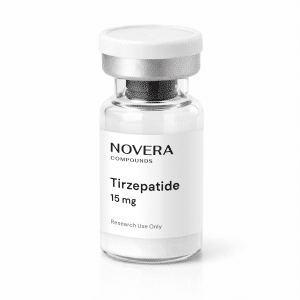 A clear vial labeled “Novera Compounds Tirzepatide 15 mg, Research Use Only” with a white cap, standing upright on a white background.