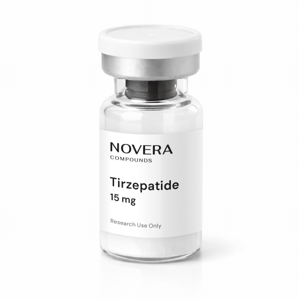 A clear vial labeled “Novera Compounds Tirzepatide 15 mg, Research Use Only” with a white cap, standing upright on a white background.