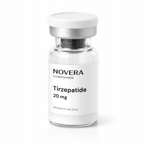 A vial labeled “Tirzepatide 20mg” with a white cap and clear liquid inside, set against a white background.