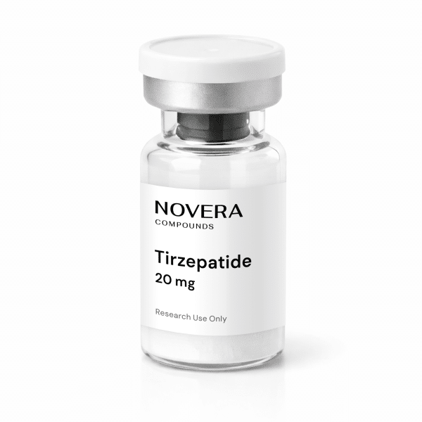 A vial labeled “Tirzepatide 20mg” with a white cap and clear liquid inside, set against a white background.