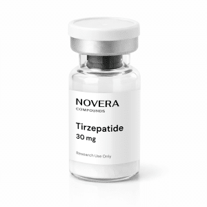 A clear vial labeled “Novera Compounds Tirzepatide 30 mg, Research Use Only” with a white cap, standing upright on a plain white background.