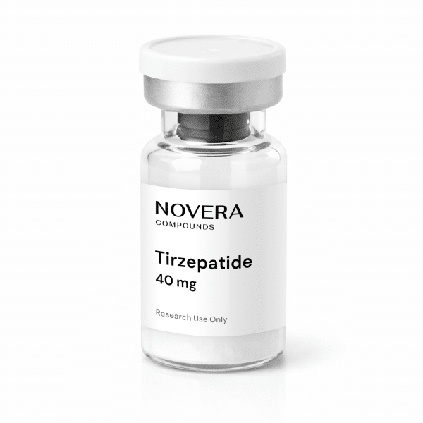 A clear vial labeled “Novera Compounds Tirzepatide 40 mg Research Use Only” with a white cap, containing a white powder, isolated on a white background.
