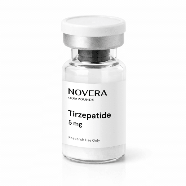 A clear vial labeled “NOVERA COMPOUNDS Tirzepatide 5 mg Research Use Only” with a white cap, set against a plain white background.
