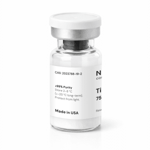 A clear glass vial with a white label and cap, showing text about purity, storage instructions, and “Made in USA.” The vial contains a white powder.