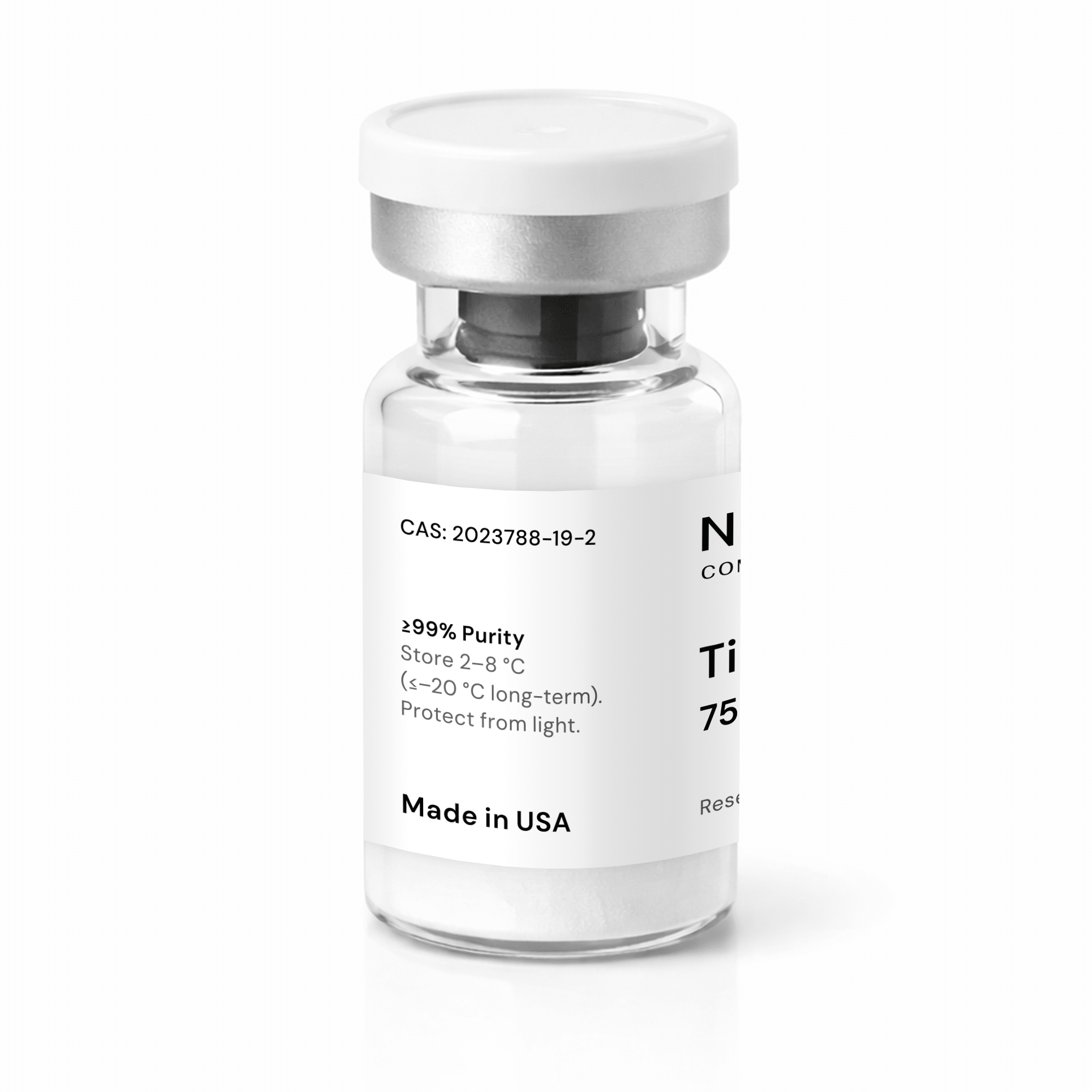 A clear glass vial with a white label and cap, showing text about purity, storage instructions, and