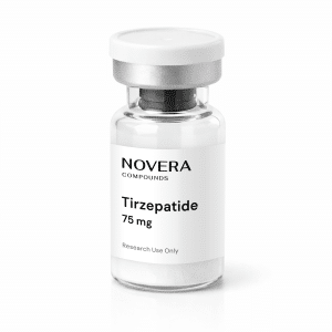 A clear vial labeled “NOVERA COMPOUNDS Tirzepatide 75 mg. Research Use Only” with a silver cap, displayed on a white background.