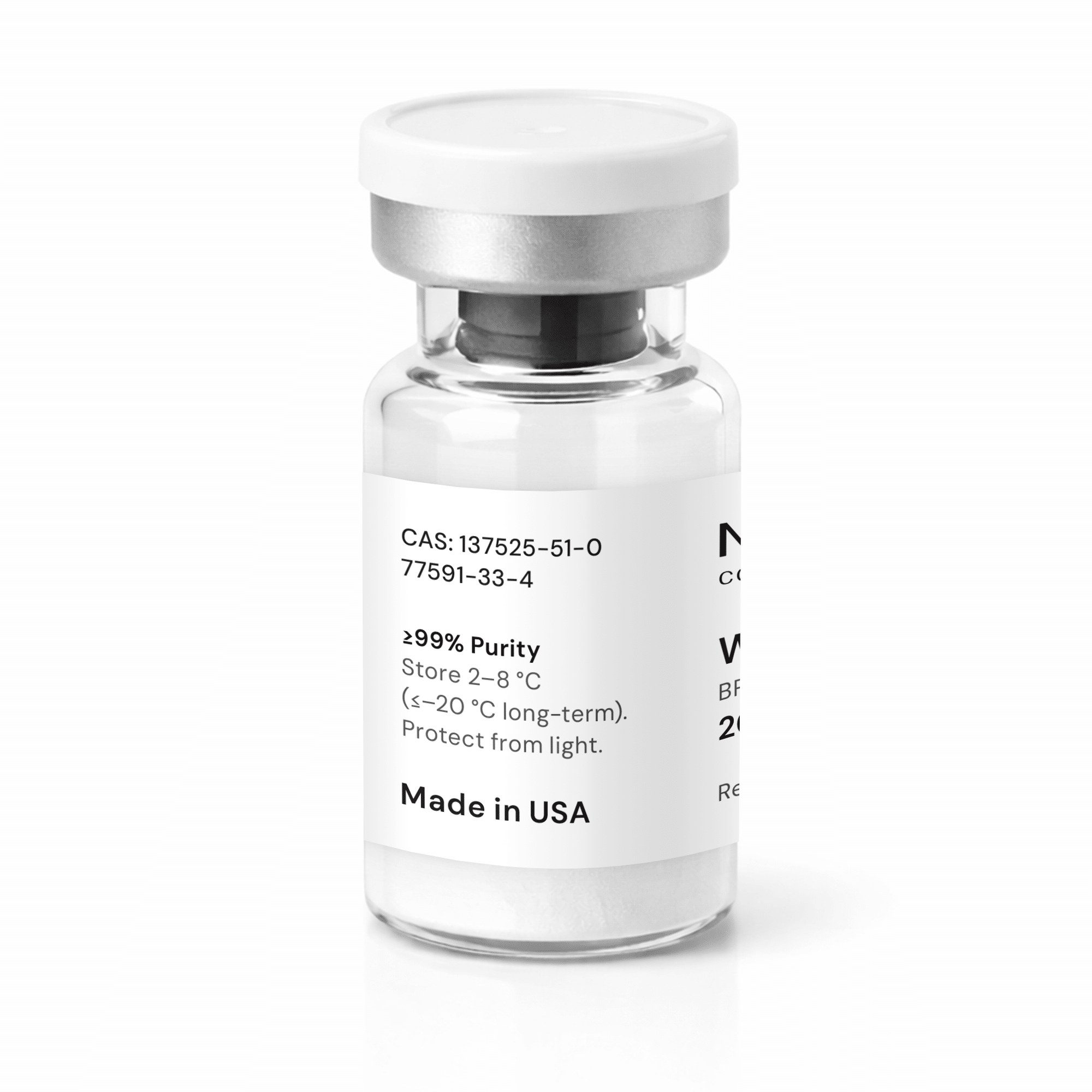 A clear glass vial with a white label and silver cap, displaying chemical information, storage