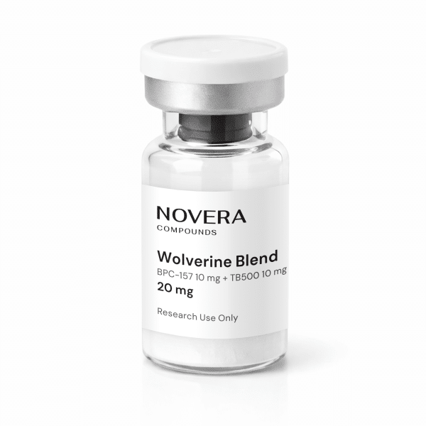 A clear vial labeled “Novera Compounds Wolverine Blend BPC-157 10 mg + TB500 10 mg, 20 mg, Research Use Only,” with a white cap, against a white background.