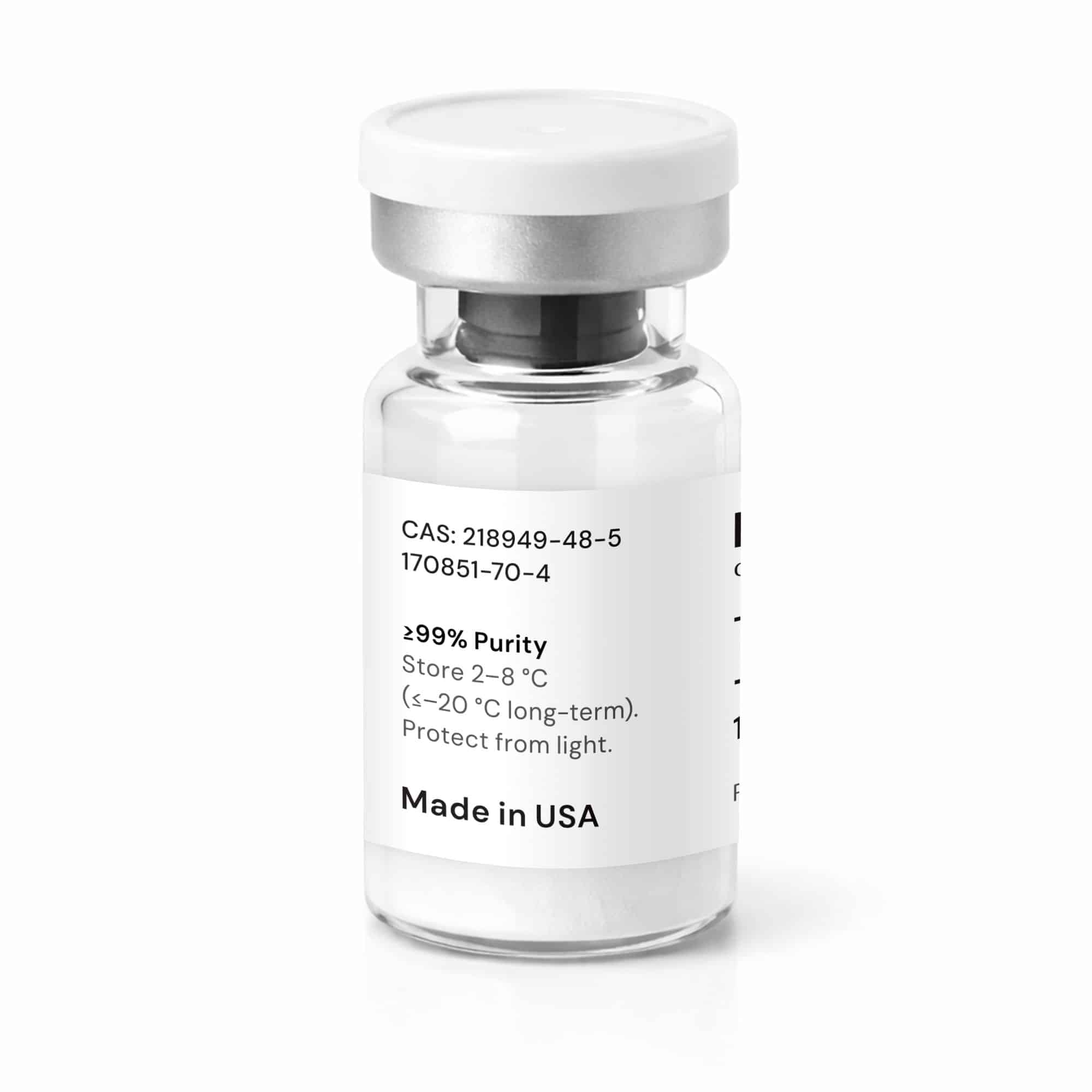 A clear glass vial with a silver cap and a white label displays the product name “Tesamorelin 10mg