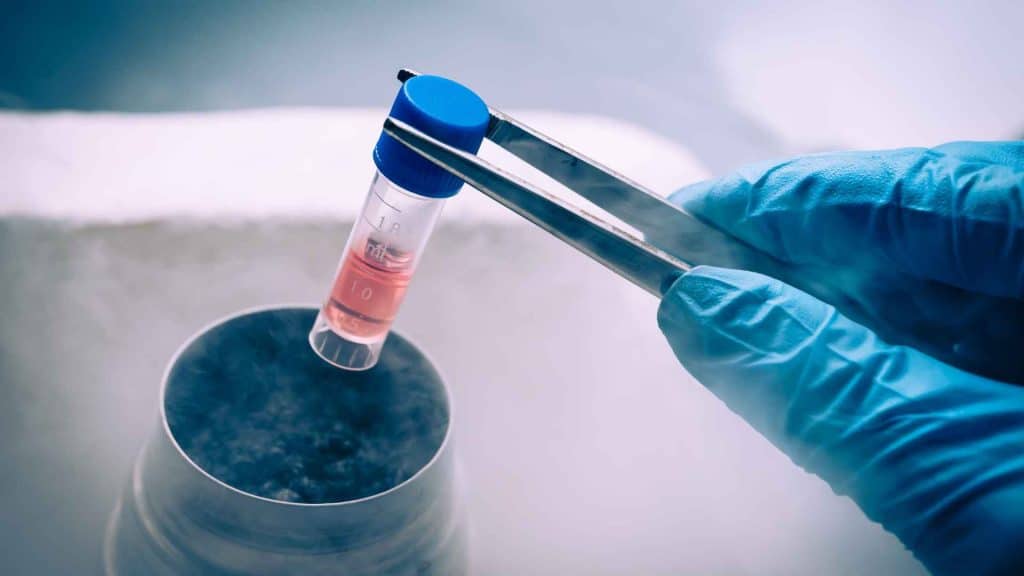 A gloved hand uses tweezers to hold a small vial of pink liquid over a container of liquid nitrogen.