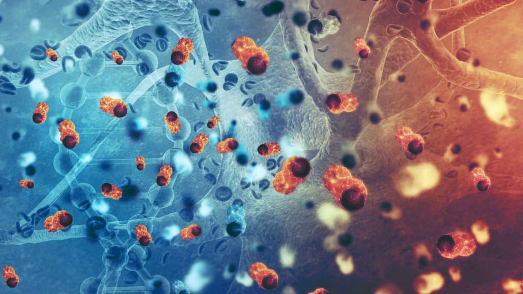 A digital illustration showing orange, glowing cells interacting with blue, translucent DNA structures and smaller particles.