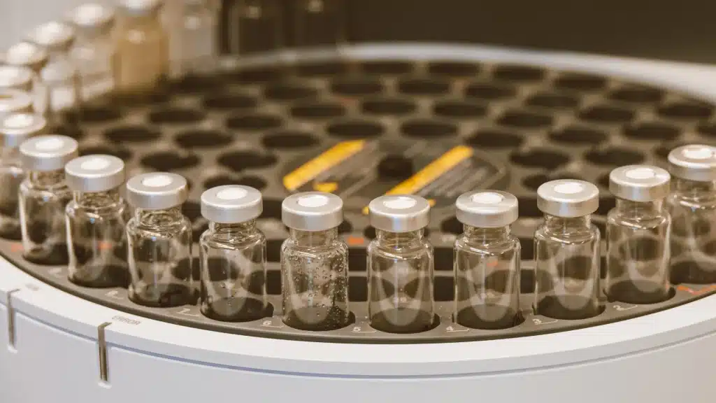 A laboratory autosampler tray holding a circular array of clear glass vials.