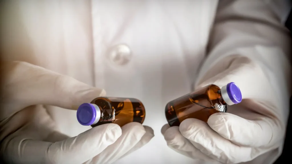 A person in a white lab coat and gloves holds two amber glass vials with purple caps.