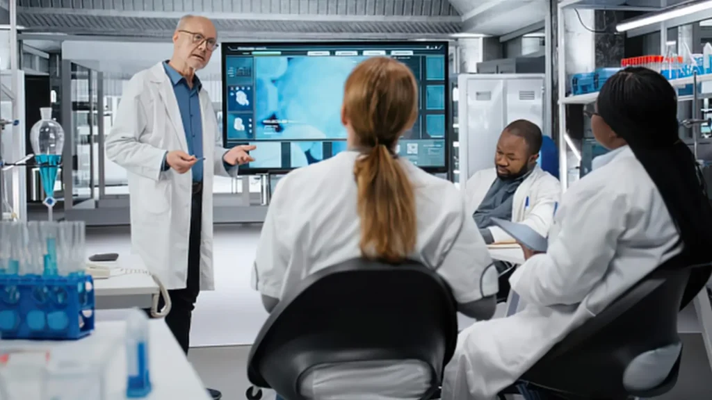 A man in a lab coat presents to three colleagues in a laboratory, with a large screen displaying scientific data in the background.