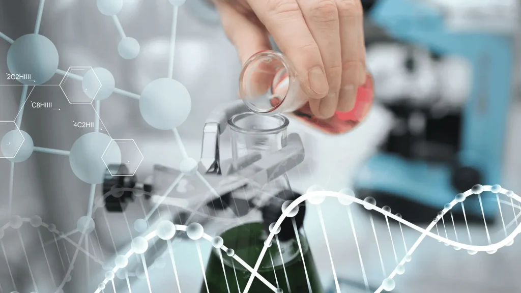 A hand pours a pink liquid from a beaker into a test tube secured by a clamp, overlaid with scientific molecular and DNA diagrams.
