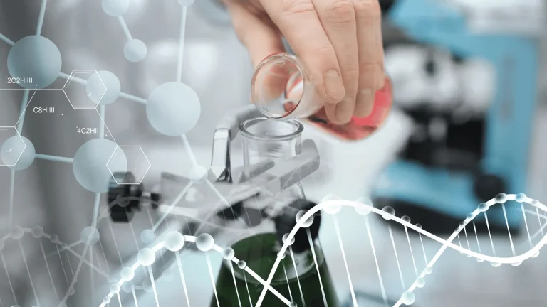 A hand pours a pink liquid from a beaker into a test tube secured by a clamp, overlaid with scientific molecular and DNA diagrams.