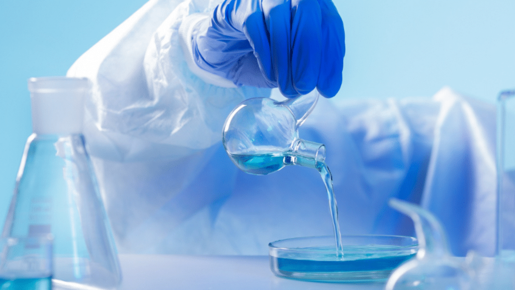 A person in a protective suit and blue gloves pours blue liquid from a glass flask into a petri dish.