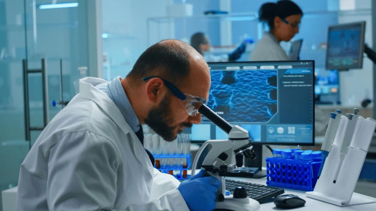 A scientist wearing safety goggles and blue gloves looks through a microscope in a laboratory, with a colleague working in the background.